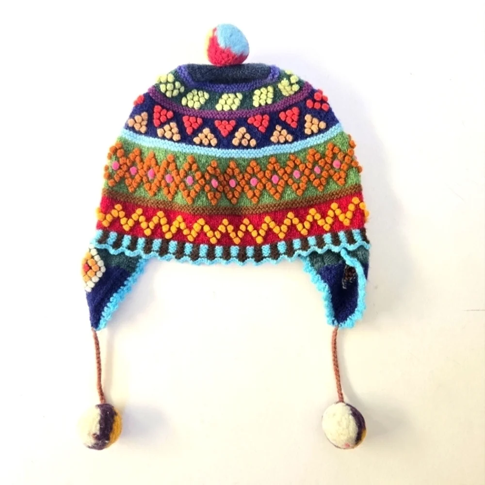 Alpaca wool peruvian chullo winter hand knitted hat for kids size 2T to 4T